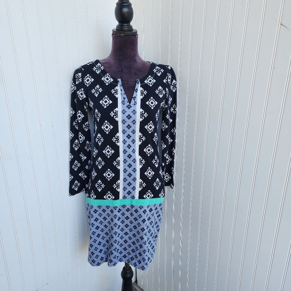 HATLEY Black Blue White Stamp Knee Length Sheath Dress Country Club Preppy Sz S